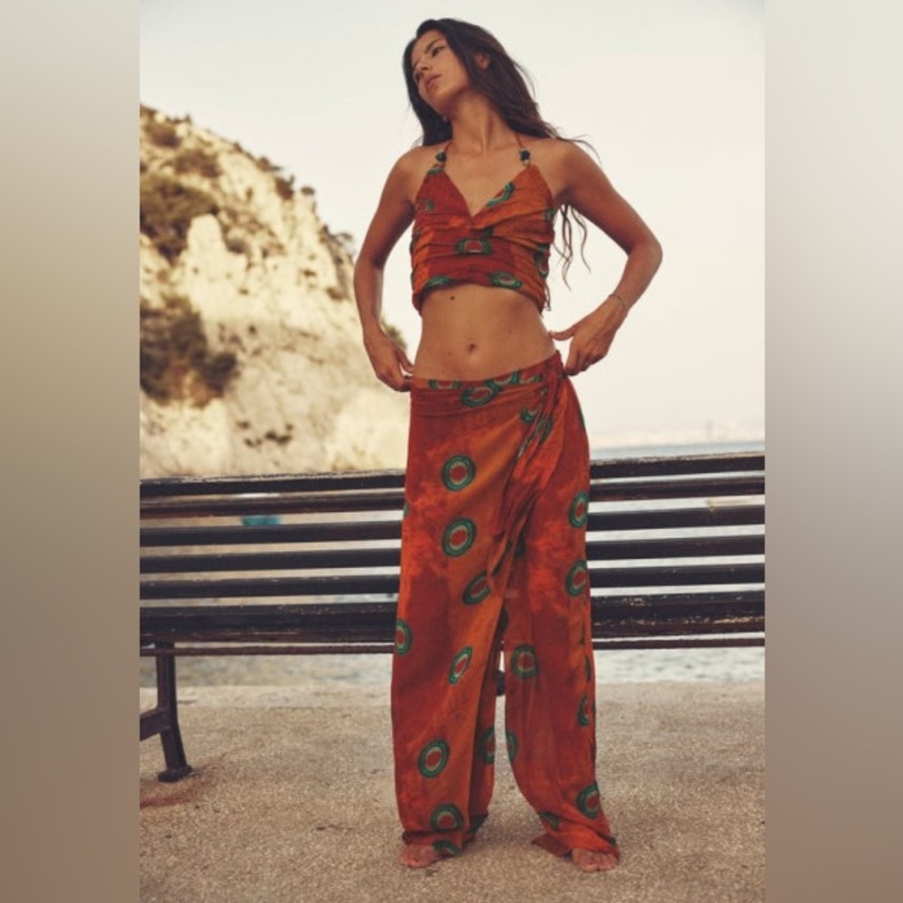 Boho Orange and Green Halter Top and Pant Set